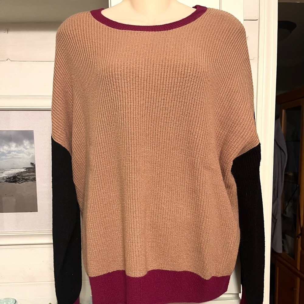 Express Oversized Color Block Sweater Medium Tan Pink Raspberry Black - Picture 6 of 13